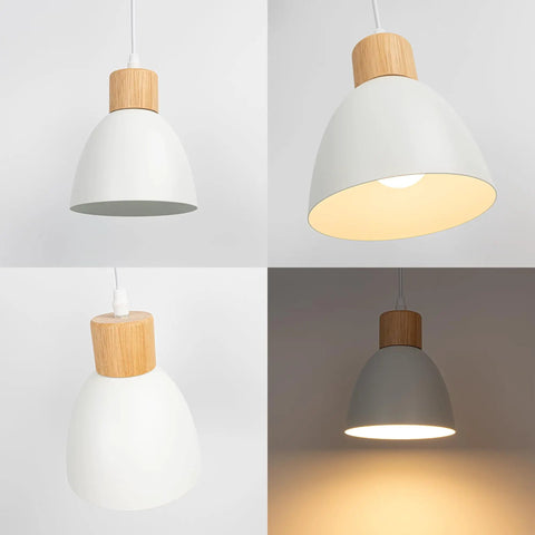 Kiven Instant Light Conversion Kit for 4/5/6inch Hole,Metal Farmhouse Lighting Recessed Can Light Conversion Kit to Pendant with E26 Screw-in Adapter for Kitchen Island Hallway White TB1649 2Pcs, pendant light with white metal shade and wood accent.