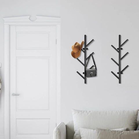 2 Pack Vertical Coat Rack Wall Mount, Metal Slim 16 Inch Wall Hat Rack For Entryways And Closets, mounted with hat and bag
