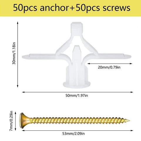 Heavy Duty Drywall Anchor Kit With Self Drilling Wall Plugs And Screws 8mm M8 White 50 Pieces Holds Up To 40 Lbs For Gypsum Board