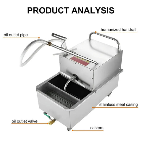 Heavy Duty 38L Commercial Oil Filtration Speed System For Deep Fryers showing stainless steel casing and oil outlet pipe.