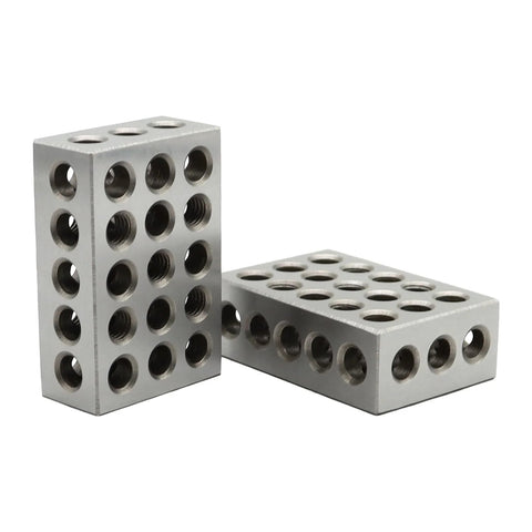 Two Nakkaa 1x2x3 hardened-steel setup blocks with 23 through holes (front view)