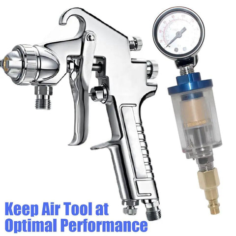 Heavy Duty Inline Air Water Separator For Spray Guns And Pneumatic Tools, Blocks Moisture And Particles Cold, Quarter Inch Npt Fitting, Keeps Your Compressor Setup Squeaky Clean, 90 Psi, 4 Pack with air tool and pressure gauge.