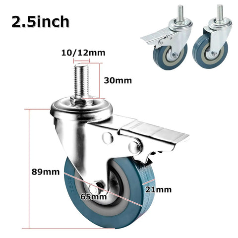 Pack of 4 furniture casters (65 mm/75 mm) with brakes quiet swivel heavy duty up to 80 kg load capacity M10/M12 shank for easy mobility, detailed view.