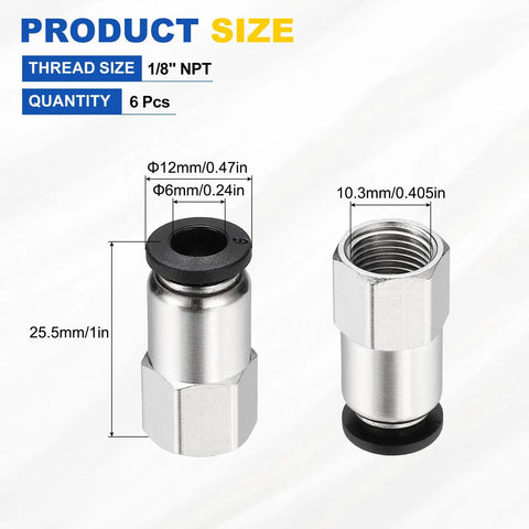 Six Pack Push To Connect Fittings For Pneumatic Systems One Eighth NPT Female Straight Adapters dimensions shown