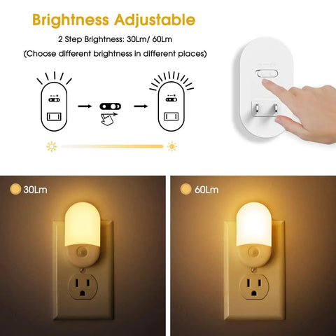 Two Pack LED Night Lights Plugs Into Wall, Dimmable With Light Sensor, auto on off overview, 30 or 60 lumen settings