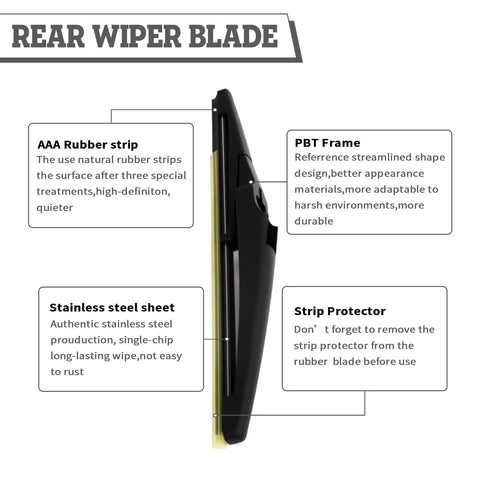 Heavy Duty Rear Wiper Blade Compatible With Chevy Equinox And GMC Terrain 2022 Through 2024 showing rubber strip, PBT frame, and stainless steel.