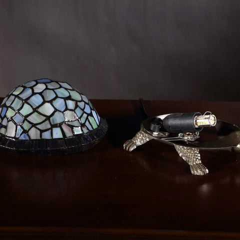 Blue Tiffany Style Stained Glass Accent Table Lamp Night Light For Bedroom And Living Room base and glass shade parts