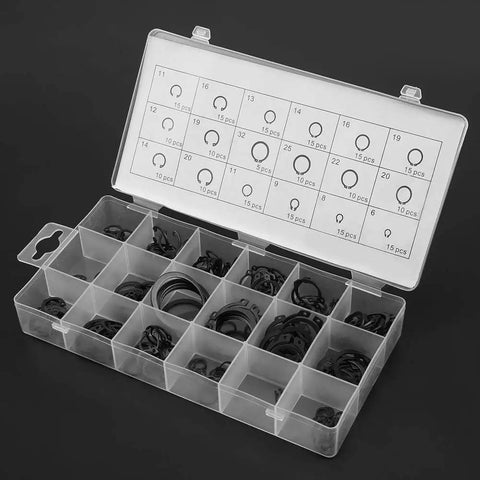 Check out this awesome 225 piece Snap Retaining Rings Set with Internal And External Circlips in 18 Sizes For Rotation Perfect For Car Repair Shop Workers And DIY Guys Who Need Quality Hardware In A Snappy Plastic Box To Keep Your Gear Organized, featuring organized compartments for easy access.
