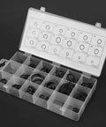 Heavy Duty Circlip Assortment With 225 Pieces In 18 Sizes Of Internal And External Snap Retaining Clips in transparent organizer.
