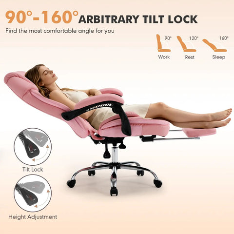 Woman reclined on pink Comfy Reclining Office Chair With Footrest For Women, Wide Seat Big Tall Ergonomic Gaming Desk Chair, demonstrating tilt lock.