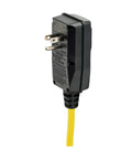 Heavy Duty Power Strip With GFCI Plug, yellow cord and black GFCI plug detail, industrial design for garage workshop use.
