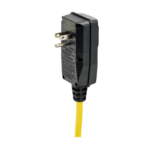 Heavy Duty Power Strip With GFCI Plug, yellow cord and black GFCI plug detail, industrial design for garage workshop use.