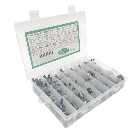 Large 500 Piece Electrolytic Capacitor Kit With 24 Values From 0.1uF To 1000uF DIP Caps 10V 16V 25V 50V In Transparent Storage Box