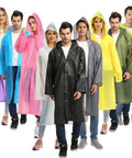 Group wearing colorful EVA rain ponchos with hoods, including Black EVA Waterproof Rain Poncho Coat With Hood And Long Sleeves For Adults.