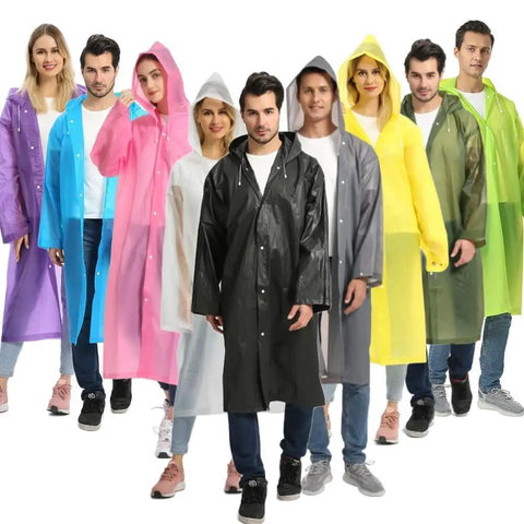 Group wearing colorful EVA rain ponchos with hoods, including Black EVA Waterproof Rain Poncho Coat With Hood And Long Sleeves For Adults.