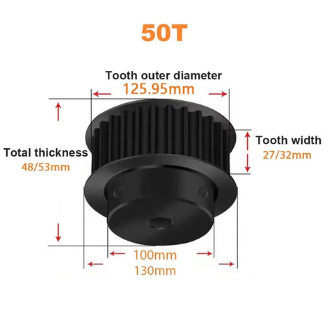 Pro Grade 8M Timing Pulley With Forty Teeth Built Like A Tank From Tough Carbon Steel 50T design with specific dimensions.