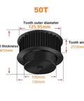 50T timing pulley with 125.95mm outer diameter, 100mm size, designed for precise power transmission.