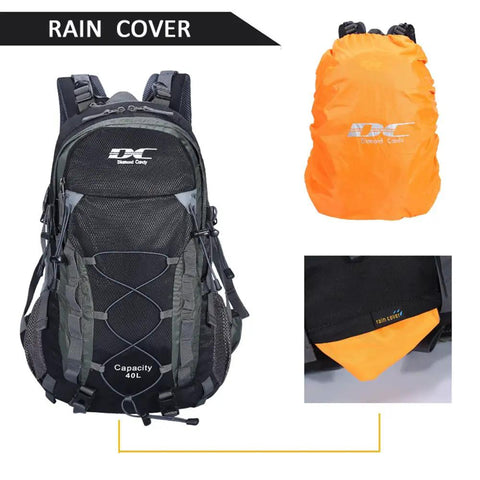 Waterproof Hiking Backpack For Men And Women, Lightweight Day Pack For Travel And Camping, 40L, Black, with orange rain cover included