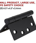 Rock Solid Heavy Duty Matte Black Square Door Hinges Four Point Five Inch Ball Bearing Design showing 4.5 x 4.5 inch hinge with screw holes.