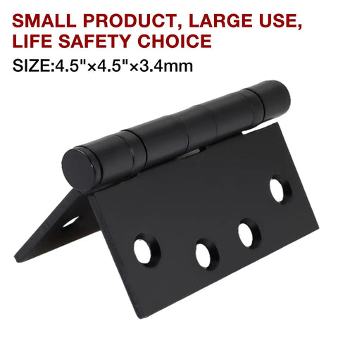 Rock Solid Heavy Duty Matte Black Square Door Hinges Four Point Five Inch Ball Bearing Design showing 4.5 x 4.5 inch hinge with screw holes.