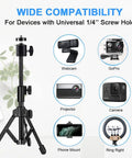 Extendable Webcam Tripod Stand For Desk Mount Ultra Sturdy Metal Frame with device compatibility chart for cameras and lights