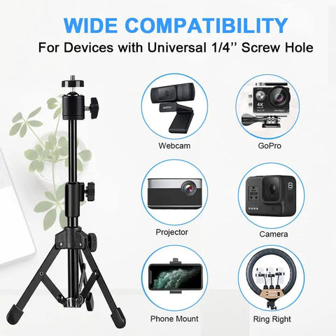 Extendable Webcam Tripod Stand For Desk Mount Ultra Sturdy Metal Frame with device compatibility chart for cameras and lights