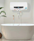 Heavy Duty 50L Horizontal Electric Water Heater With Digital Temperature Control And 110V US Plug Stainless Steel Inner Tank mounted above a modern bathtub.