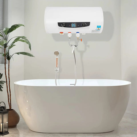 Heavy Duty 50L Horizontal Electric Water Heater With Digital Temperature Control And 110V US Plug Stainless Steel Inner Tank mounted above a modern bathtub.