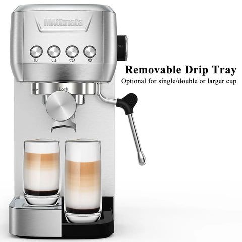Top Shelf Compact Espresso Maker With 20 Bar Pressurized Pump And One Touch Milk Frother System, showcasing removable drip tray and two glasses.