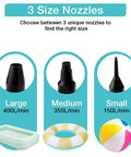 Portable Electric Air Pump For Inflatables, Quick Fill Air Pump With 3 Nozzles, showing sizes for air mattresses, rings, pools.