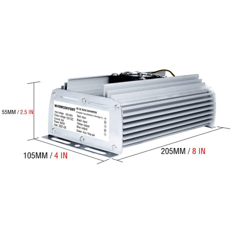40V-90V To 12V Buck Converter 50A Beefy 600W DC-DC Step-Down Regulator dimensions label view