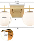 Gold Two Light Wall Sconce With Brass Finish And Milky White Glass Globe, Modern Vanity Light dimensions diagram