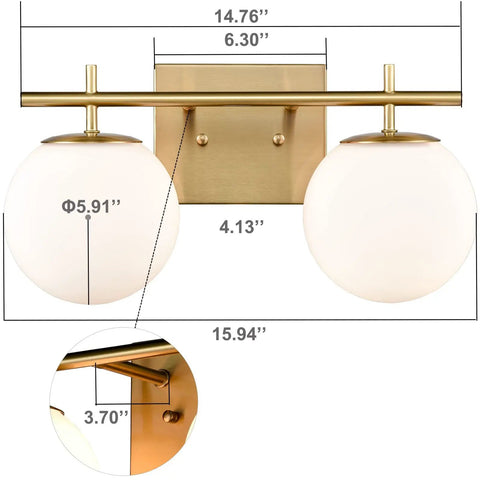 Gold Two Light Wall Sconce With Brass Finish And Milky White Glass Globe, Modern Vanity Light dimensions diagram