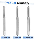 Top Shelf Three Piece Metric Hand Tap Set For M4.5 X 0.75 Threads High Speed Steel Taper, Plug, and Bottom taps in a row.