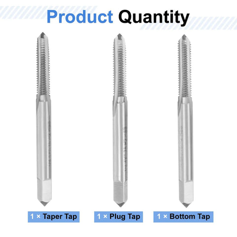 Top Shelf Three Piece Metric Hand Tap Set For M4.5 X 0.75 Threads High Speed Steel Taper, Plug, and Bottom taps in a row.