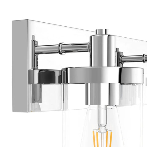 Chrome Farmhouse Vanity Light 3 Light Fixture Over Mirror With Clear Glass Shades for Bathroom, stainless steel detail close-up