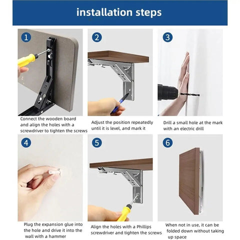Installation steps for Heavy Duty Stainless Steel Folding Shelf Brackets Set - Collapsible Wall Mount L-Table Hinges.