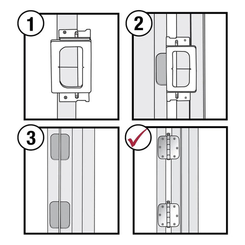 Illustration showing steps to use Pro Grade Door Hinge Template Kit for Router, Adjustable Mortise Jig for precise hinge installation.
