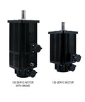 Front view of two black 130 servo motors with cooling fins; one with a brake on the side.