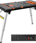 All In One Portable Workstation With Power Outlet And Adjustable 20.5 To 31.5 Inch Folding Workbench Table On Wheels with sawhorse legs