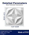 Close-up of 33 Pack 3D Wall Panels PVC Textured White 12x12 Inches with detailed parameters for easy DIY installation.