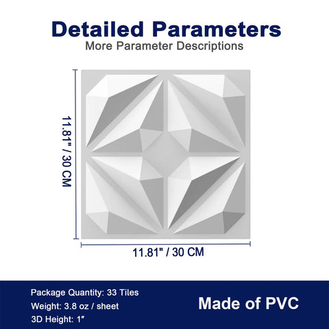 Close-up of 33 Pack 3D Wall Panels PVC Textured White 12x12 Inches with detailed parameters for easy DIY installation.