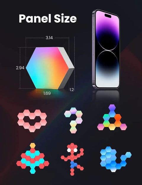 Diagram showing RGB Hexagon Wall Lights For PC Setup USB Powered LED Decor With Seventy Effects, panel sizes, and design options.