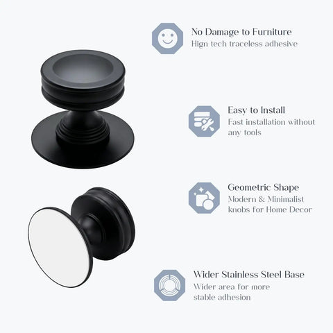 Flat round self stick cabinet handles with geometric shape and installation features, part of 4 Pack Matte Black Adhesive Pulls Set