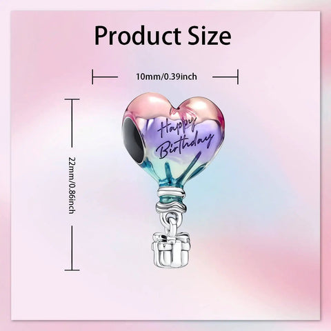 Happy Birthday Hot Air Balloon Charm In 925 Sterling Silver With Enamel Heart Balloon shown with size dimensions
