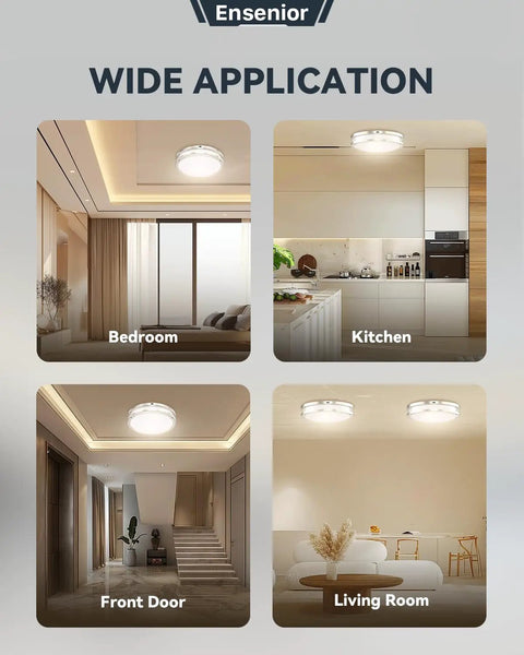 10 Inch LED Flush Mount Ceiling Light With Dimmable Glass Shade And 5 CCTs 2700K To 5000K Brushed Nickel in room settings
