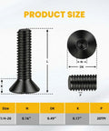 Product size chart for Top Tier 1/4 20 X 1 Flat Head Socket Screws dimensions including N, DK, K, and P measurements.