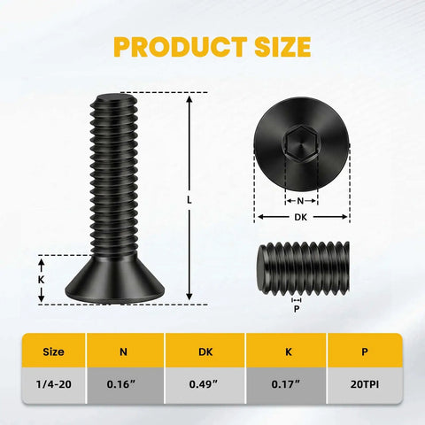 Product size chart for Top Tier 1/4 20 X 1 Flat Head Socket Screws dimensions including N, DK, K, and P measurements.