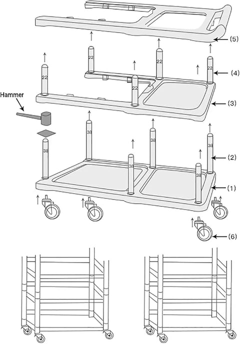 Assembly diagram for 3 Tier Heavy Duty Utility Cart On Wheels With Removable Bins Mobile Storage Cart For Kitchen And Restaurant Hotel Or Office Easy Organization For Laundry Or Break Room Multi Function Shelving Unit