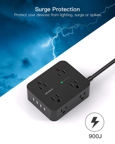 8 Outlet Power Strip With 4 USB Ports 5 Ft Flat Plug Wall Mount ETI Listed Black with surge protection in action